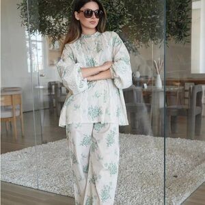 Teal Floral Lace Trim Top and Pants Set coord set of 2 cotton